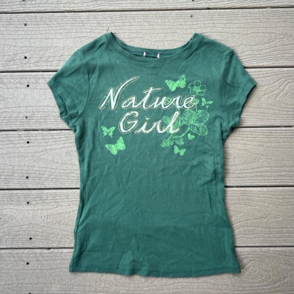 Y2K Green "Nature Girl" Baby Tee Shirt Grunge Outdoor